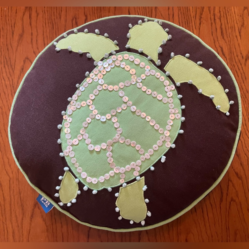 POTTERY BARN Sea Turtle Pillow Sequin Beaded Brown Green 13” PB TEEN